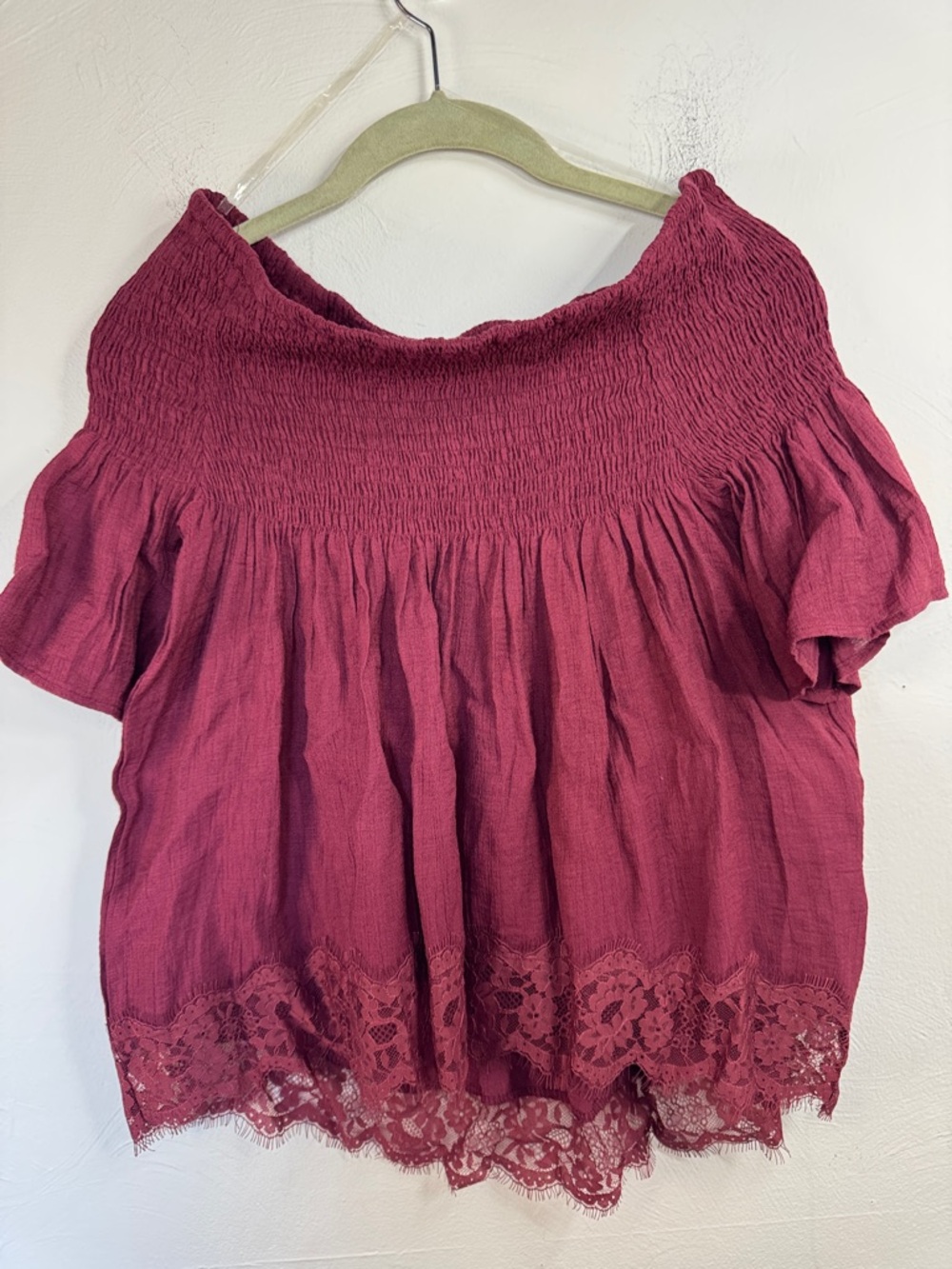 Charlotte Russe Wine Off-Shoulder Smocked Blouse feminine romantic party lace